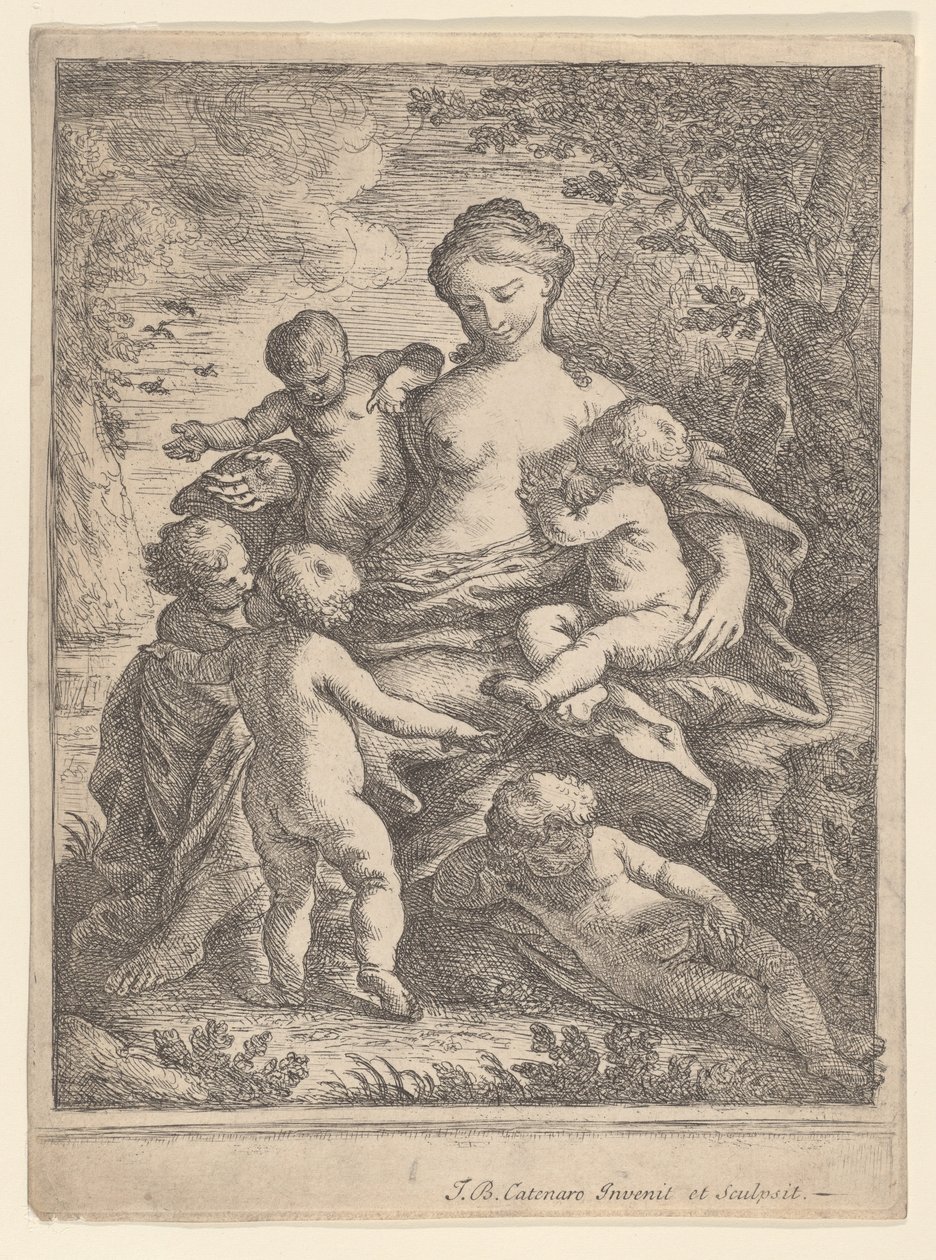 Liefdadigheid, zittend in een landschap omringd door vijf naakte kinderen, 1692-1727 door Giovanni Battista Catenaro