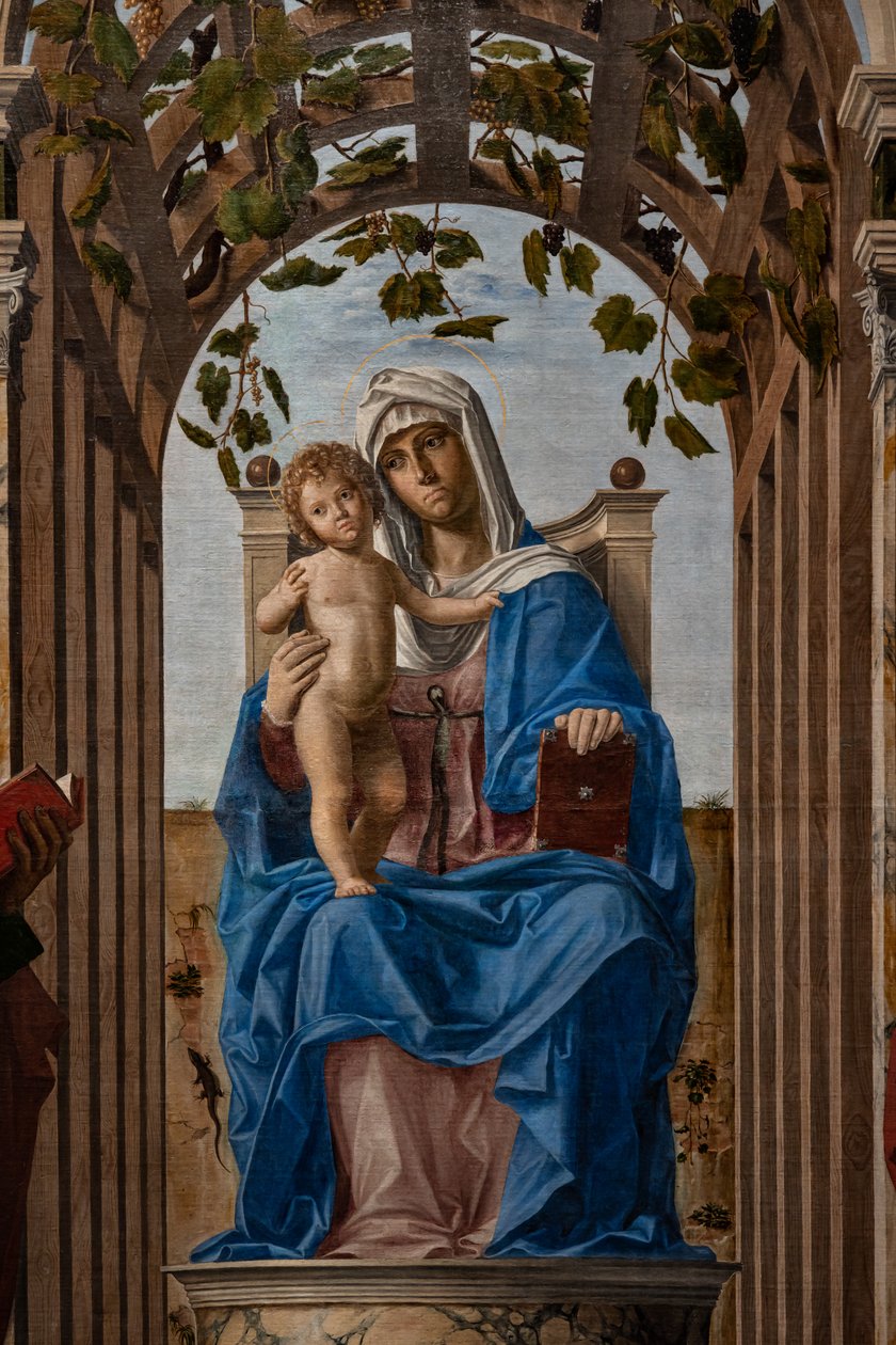 Madonna op de troon met het kindje Jezus tussen heiligen Jacobus en Hiëronymus (detail) door Giovanni Battista Cima da Conegliano