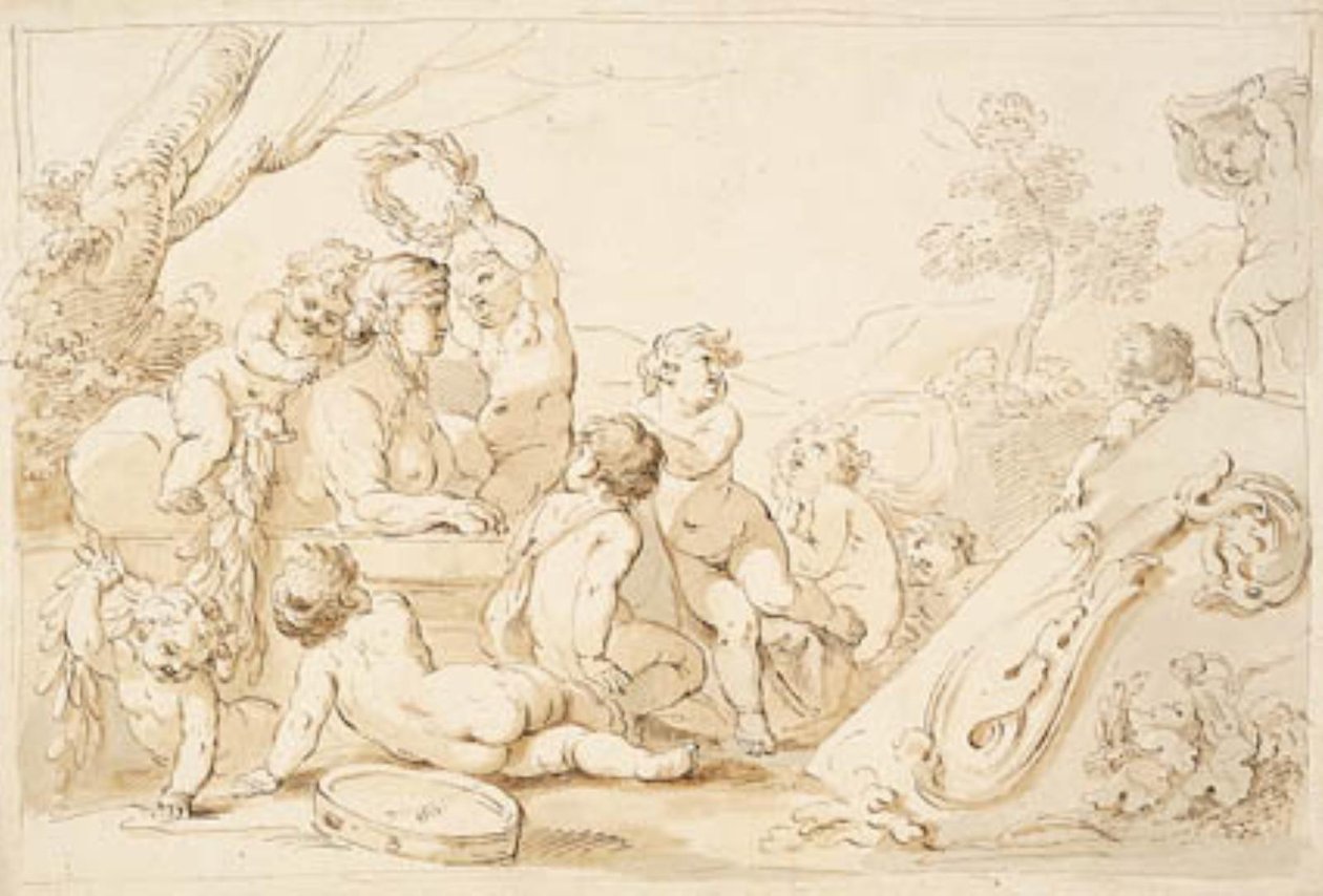 Spelende putti die een sfinx omkransen door Giovanni Battista Cipriani