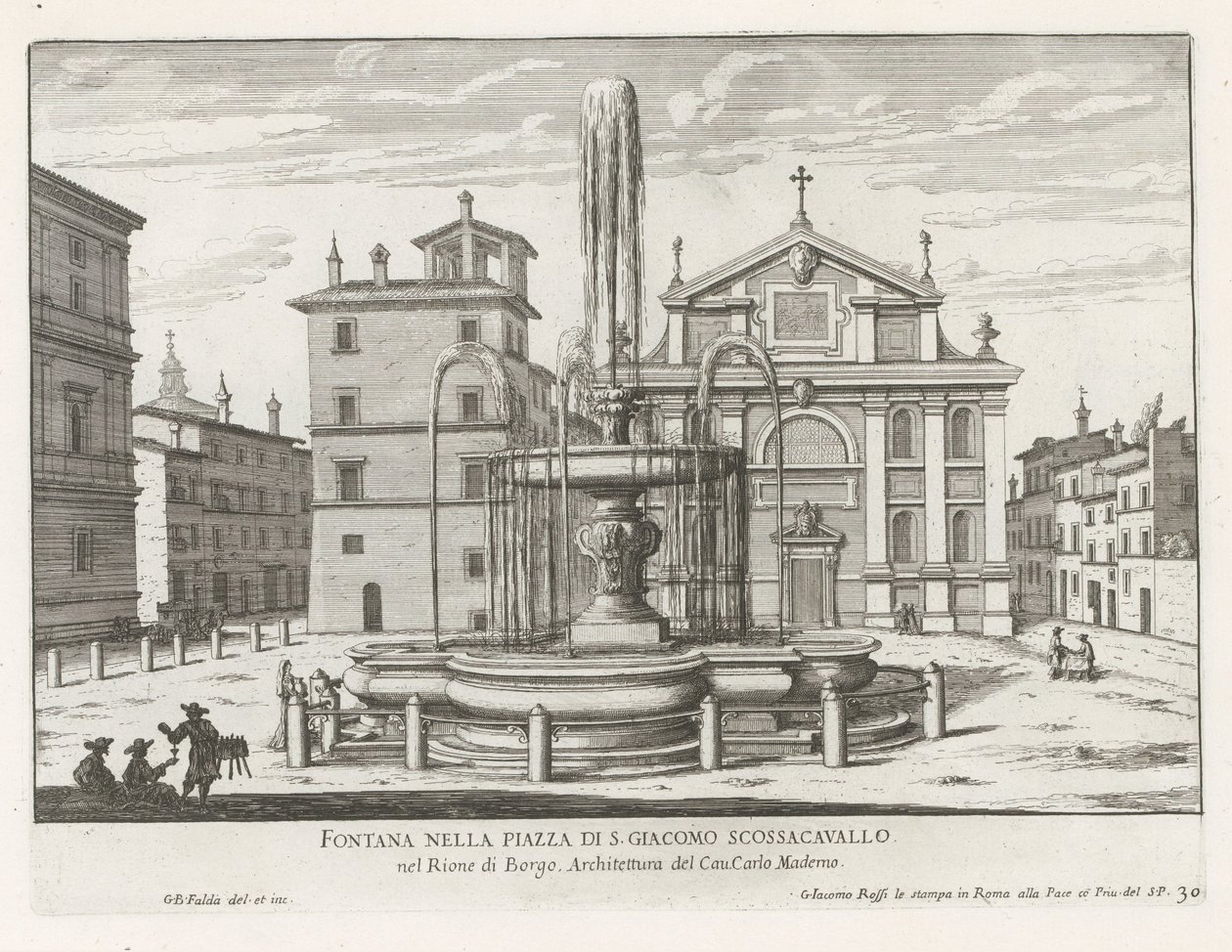 Fontein op Piazza Scossacavalli te Rome door Giovanni Battista Falda