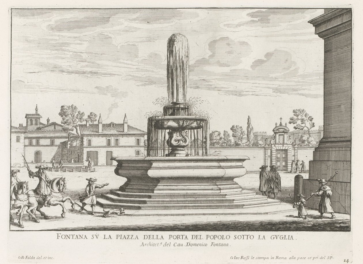 Fontein op Piazza del Popolo te Rome door Giovanni Battista Falda