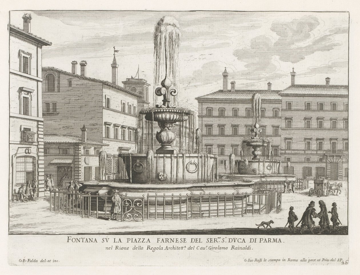 Fonteinen op Piazza Farnese te Rome door Giovanni Battista Falda
