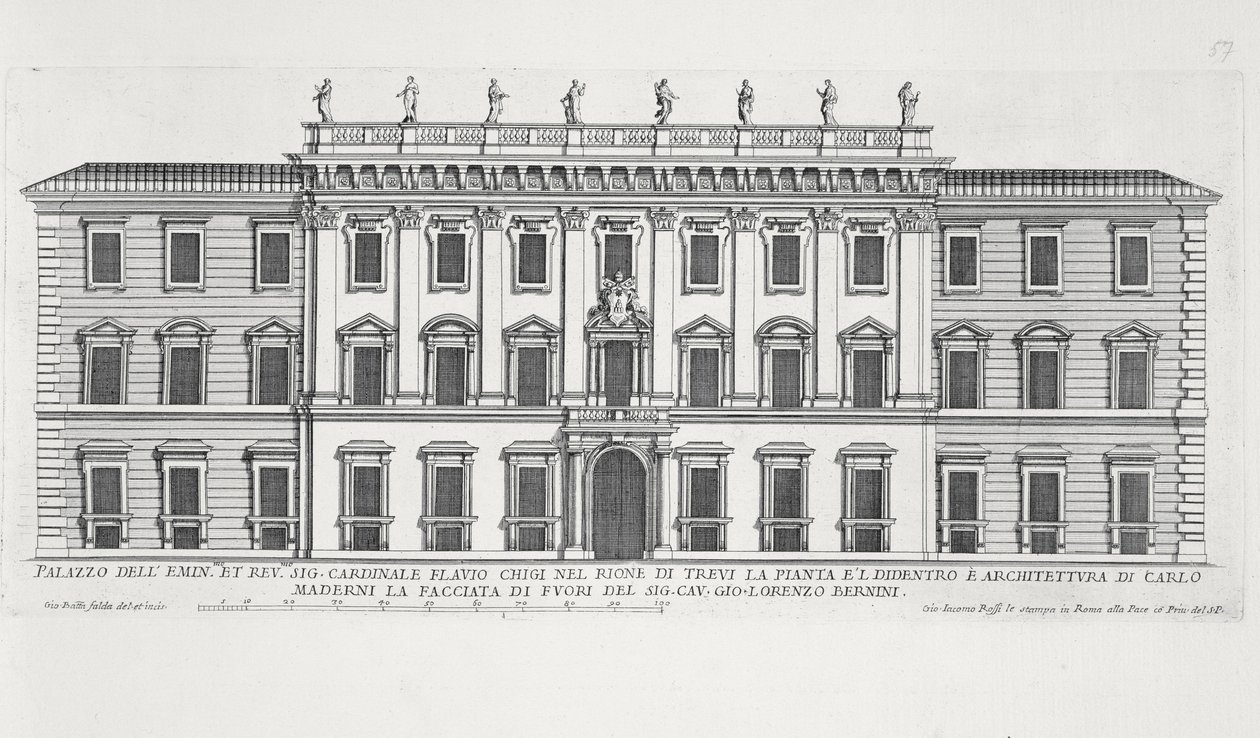 Uitzicht op de gevel van Palazzo Chigi, Rome, ontworpen door Matteo di Castello, Carlo Maderno (1556-1629) en Giovanni Bernini (1598-1680) door Giovanni Battista Falda