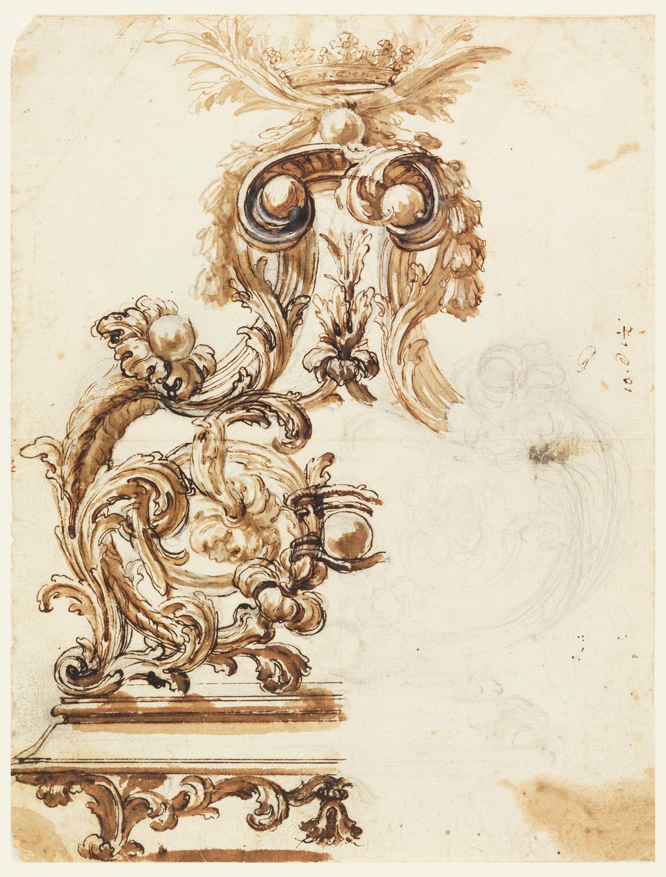 Tekening, ontwerp voor een verguld bronzen ornament, 1680-1700 door Giovanni Battista Foggini