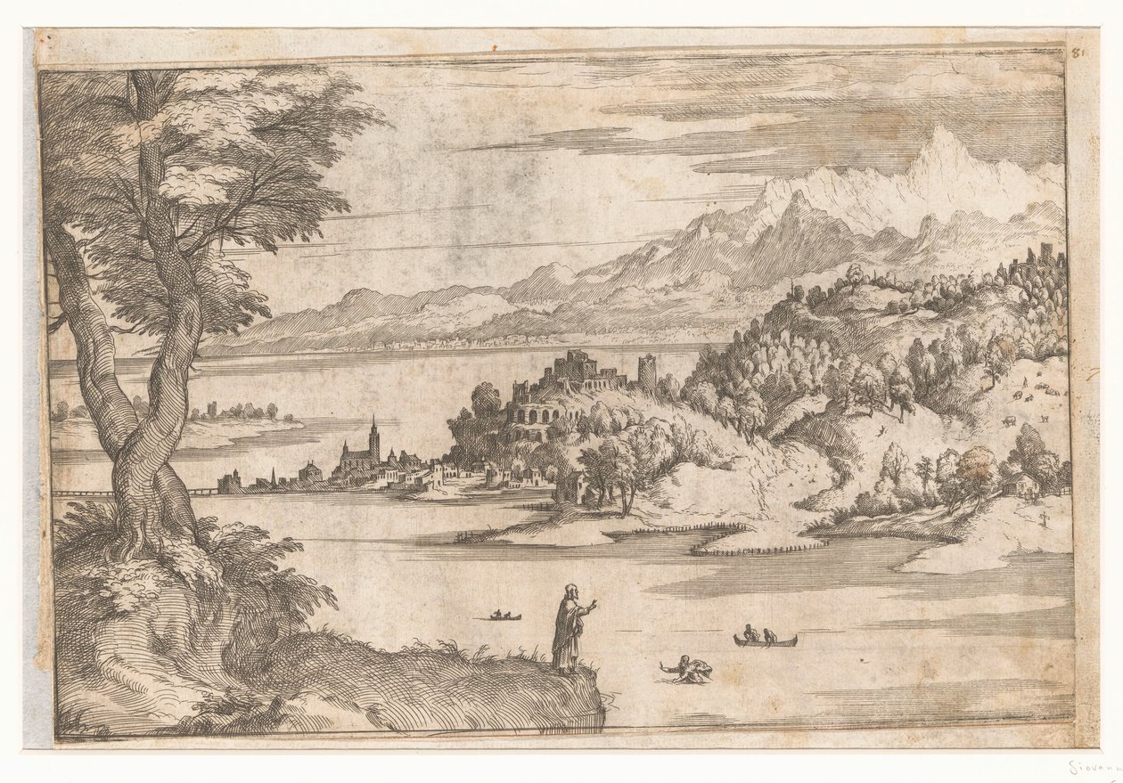 Petrus loopt over het water (Landschappen met scènes uit het leven van Christus) door Giovanni Battista Fontana