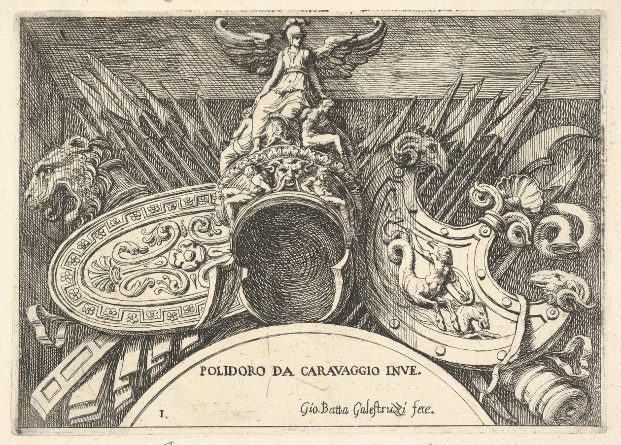 Trofeeën van Romeinse wapens van decoraties boven de ramen op de tweede verdieping door Giovanni Battista Galestruzzi