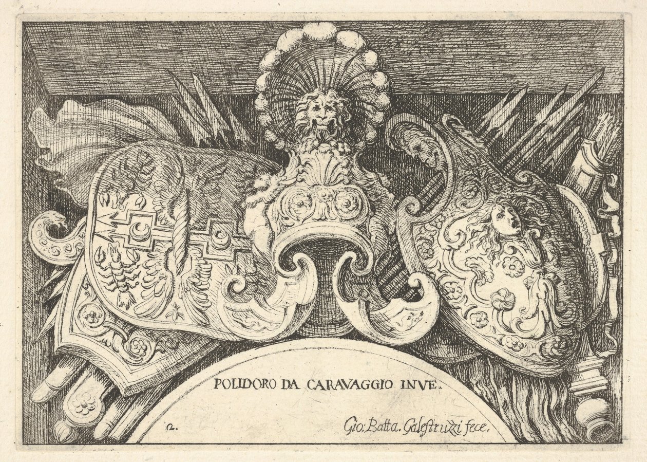 Plaat 2: trofeeën van Romeinse wapens van decoraties boven de ramen op de tweede verdieping... door Giovanni Battista Galestruzzi