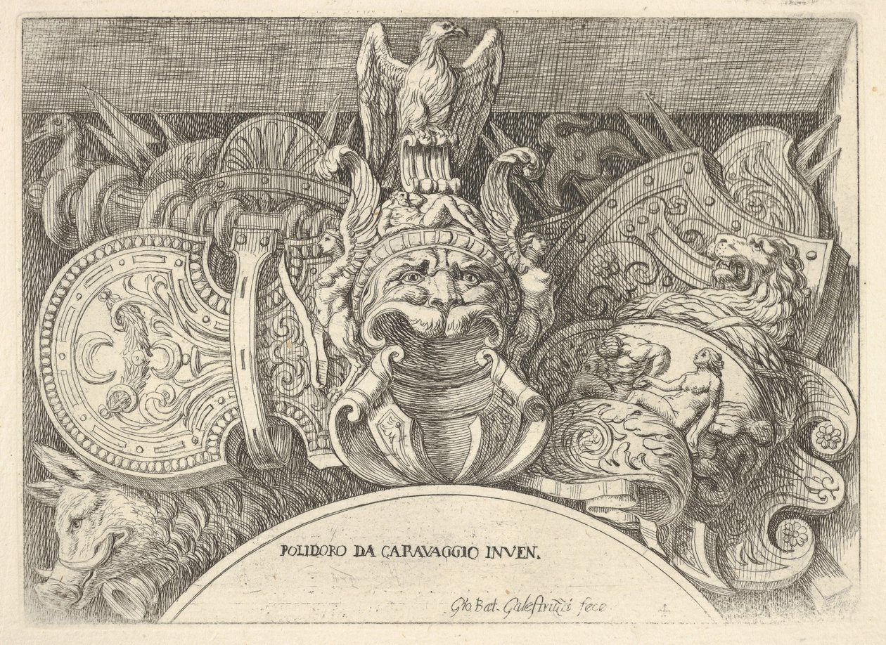 Plaat 4: trofeeën van Romeinse wapens van decoraties boven de ramen op de tweede verdieping, 1656-58 door Giovanni Battista Galestruzzi