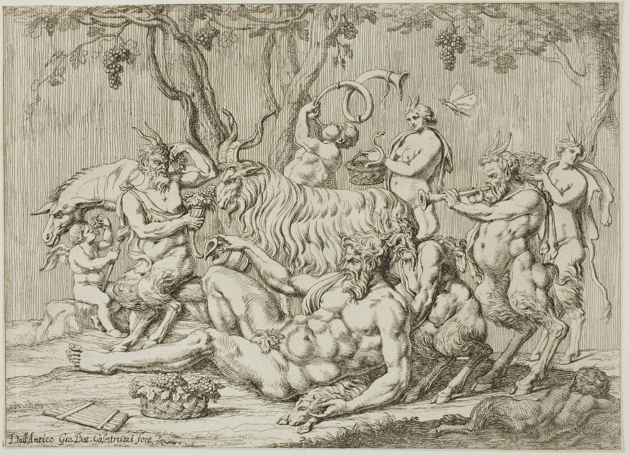 Silenus liggend met geiten en saters door Giovanni Battista Galestruzzi