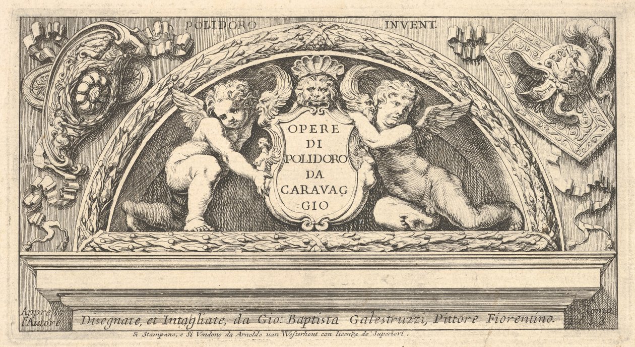 Titelplaat voor serie prenten naar Poloidoro, titel op een schild ondersteund door twee putti, 1658 door Giovanni Battista Galestruzzi