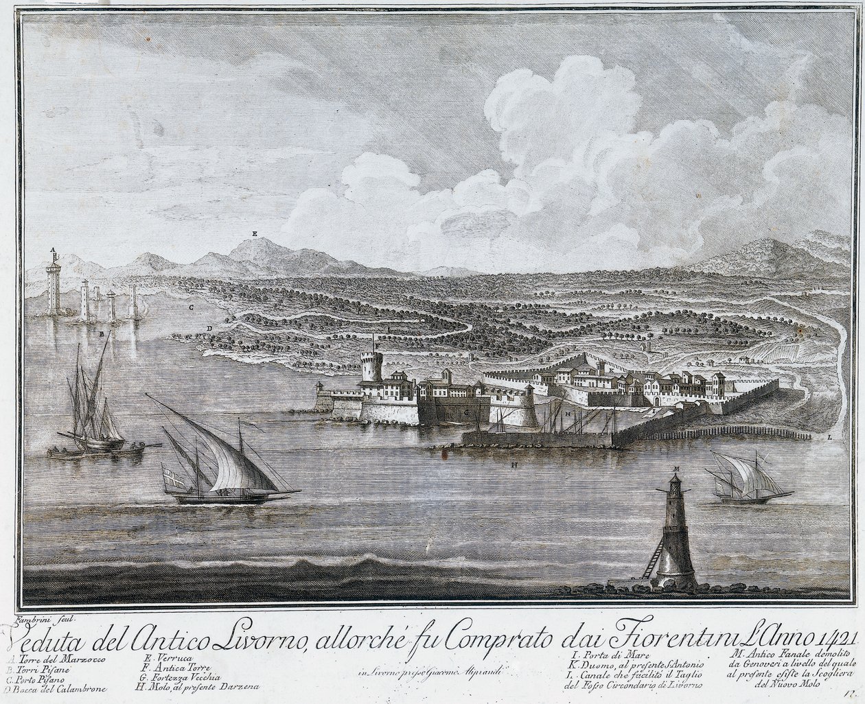 Uitzicht op de haven van Livorno toen het werd gekocht door de Florentijnen in 1421, gravure uit Collectie van beste uitzichten van Stad en Haven van Livorno door Giovanni Battista Guerazzi