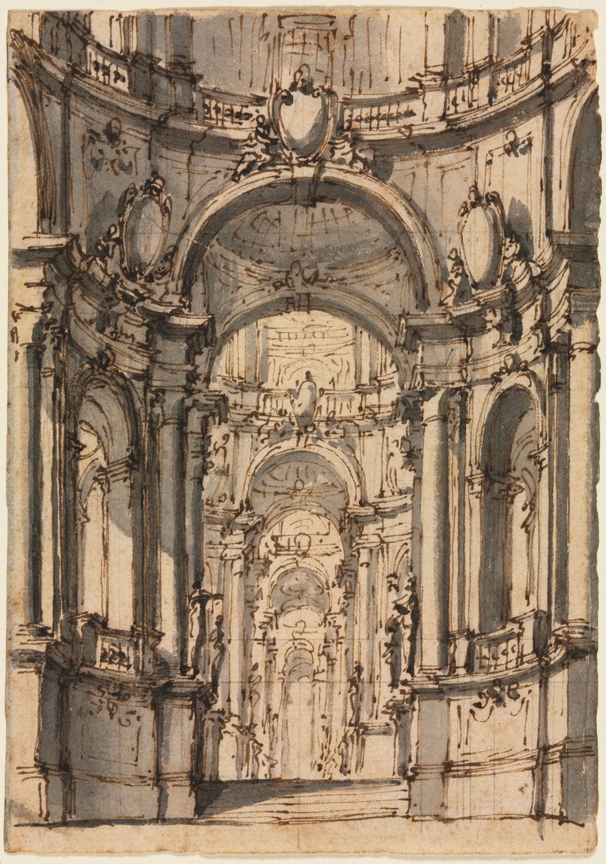 Ontwerp voor een toneeldecor: Interieur van een paleis met arcades door Giovanni Battista III Natali