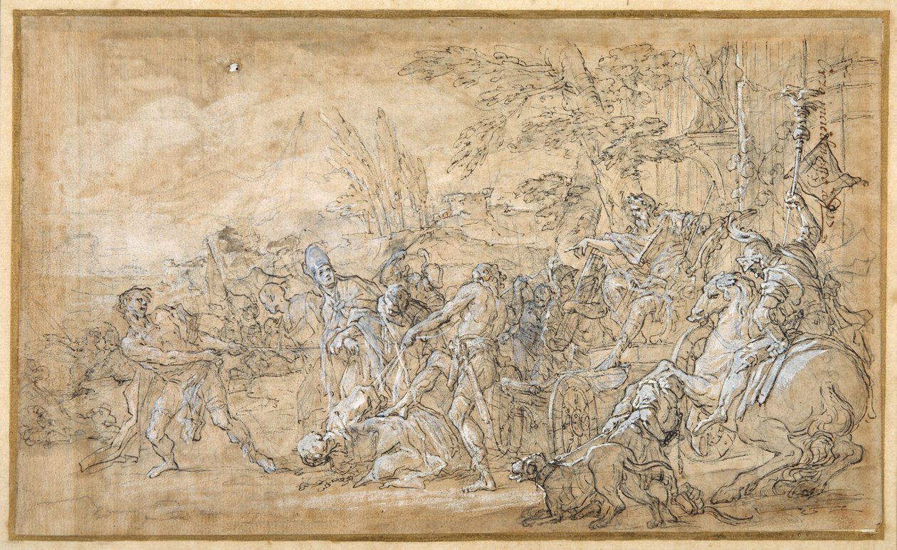 Gevangenen, waaronder een bisschop, gesleept en gebonden voor de triomfwagen van een Romeinse generaal door Giovanni Battista Lenardi