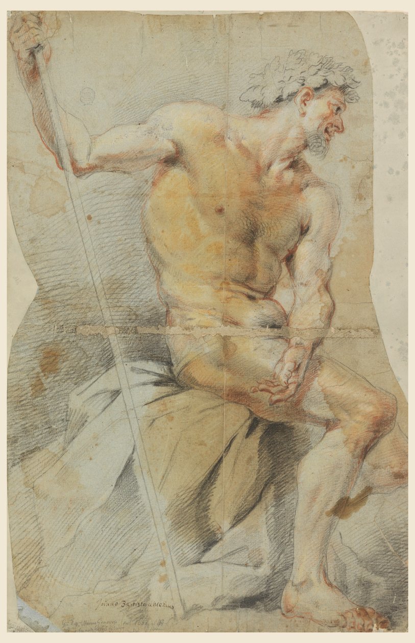 Tekening, Studie van een naakte oudere man, Bacchus of een van zijn metgezellen, 1660-70 door Giovanni Battista Merano