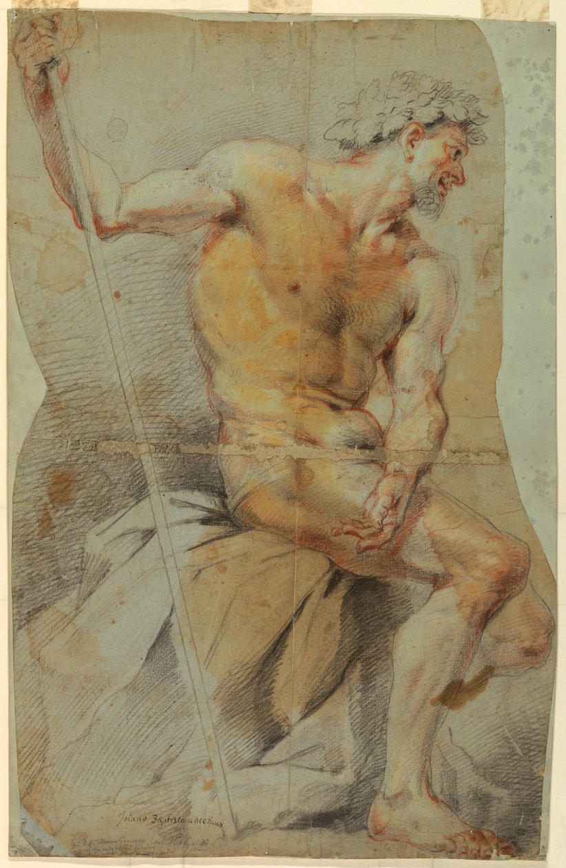 Tekening, Studie van een naakte oudere man, Bacchus of een van zijn metgezellen, 1660-70 door Giovanni Battista Merano