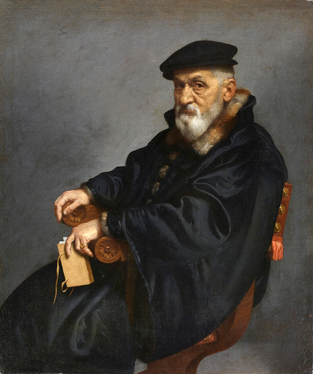 Italiaans: Portret van een zittende oude man door Giovanni Battista Moroni