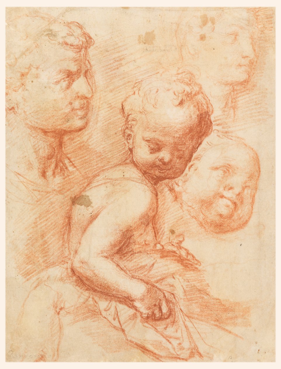 Studie van man, vrouw en kind hoofden, zittend kind door Giovanni Battista Naldini