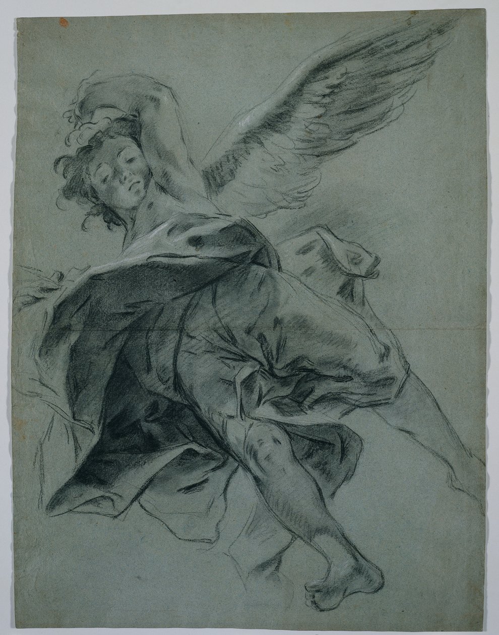 Een vliegende engel (recto); Studies van handen die instrumenten bespelen (verso) door Giovanni Battista Piazzetta