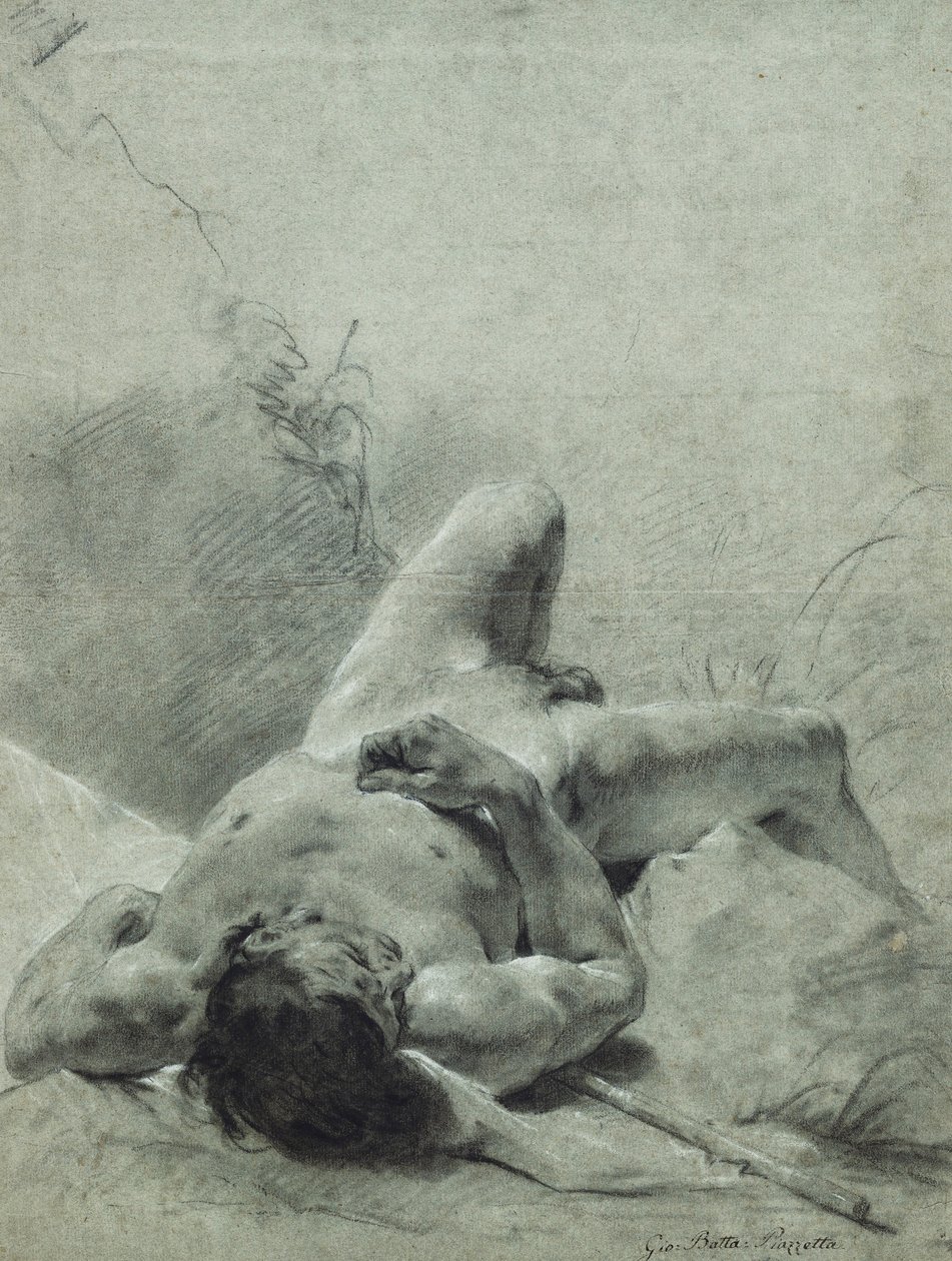 Een naakte jongeling liggend op zijn rug, op een bank, liggend op een standaard door Giovanni Battista Piazzetta