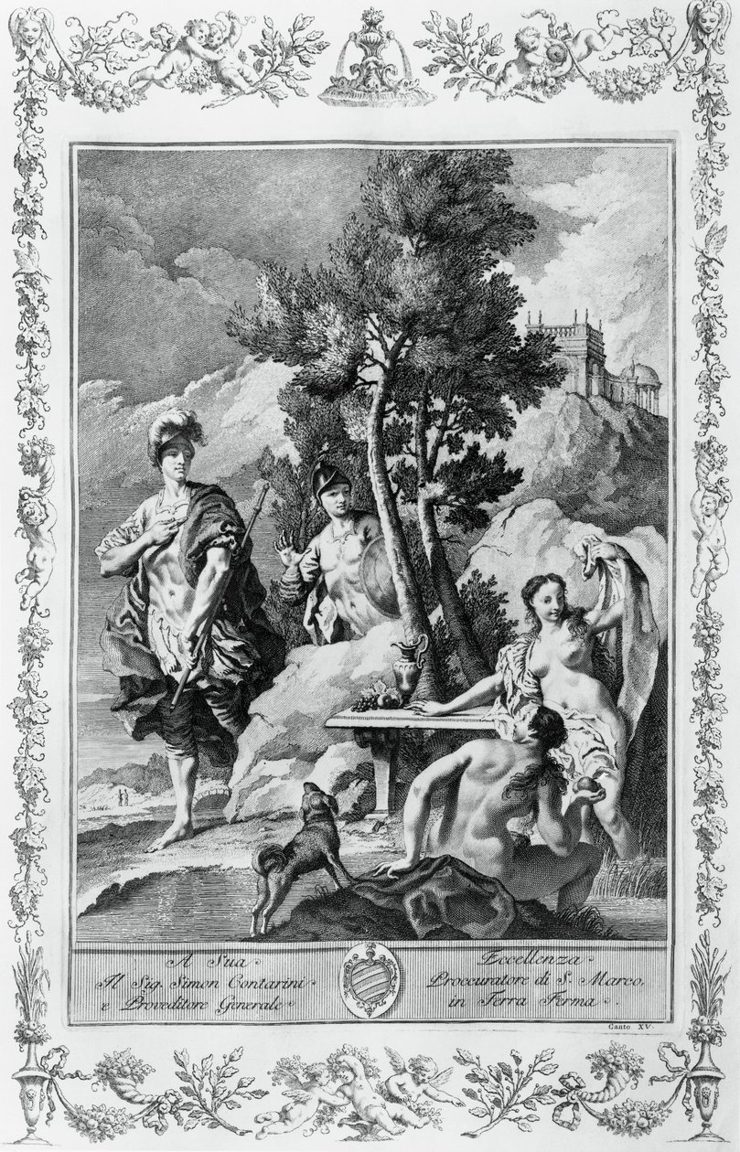 Carlo en Ubaldo op Gelukkige Eilanden, gravure, door Giovanni Battista Piazzetta voor Canto XV van Jeruzalem Bevrijd, door Torquato Tasso, Giovanni Battista Albrizzi editie, Venetië, Italië door Giovanni Battista Piazzetta