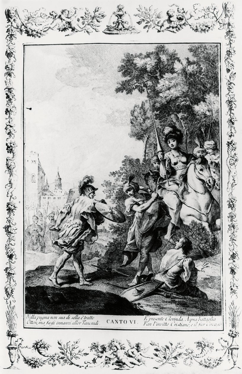 Duel tussen Ottone en Tancredi in aanwezigheid van Clorinda, canto VI, Jeruzalem bevrijd door Giovanni Battista Piazzetta