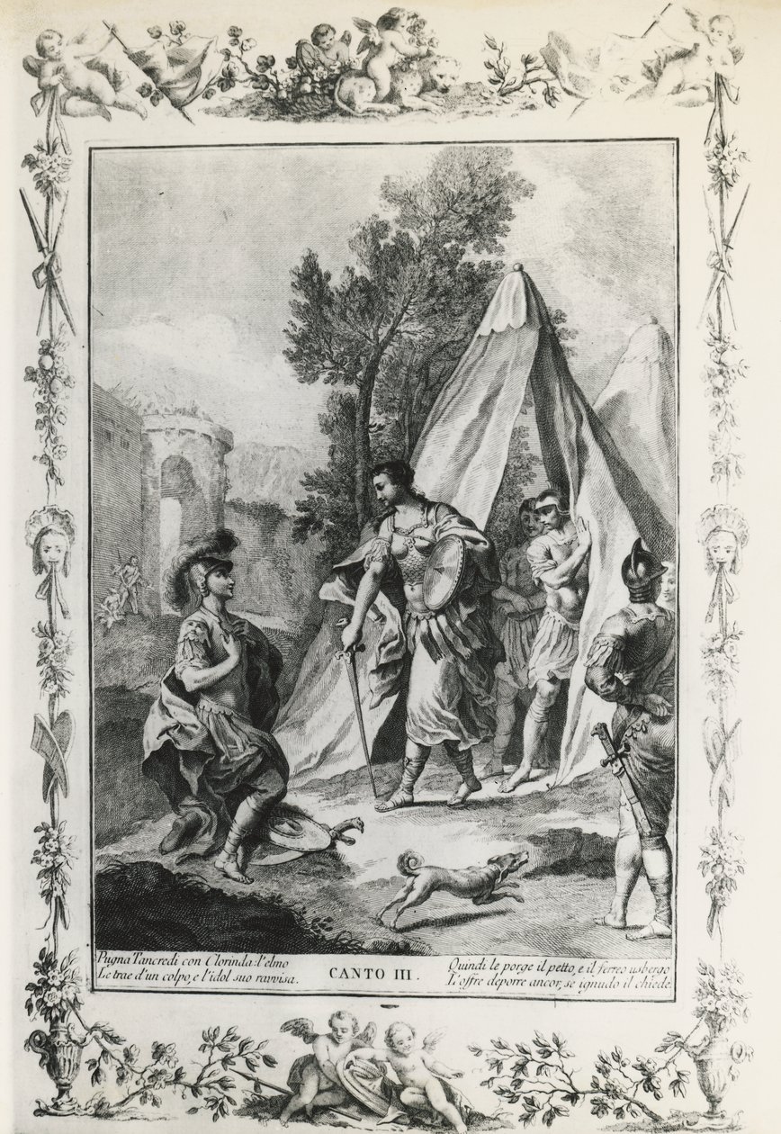 Jeruzalem Bevrijd, canto III, illustratie door Giovanni Battista Piazzetta voor gedicht door Torquato Tasso, editie gepubliceerd in Venetië in 1745 door Giovanni Battista Piazzetta