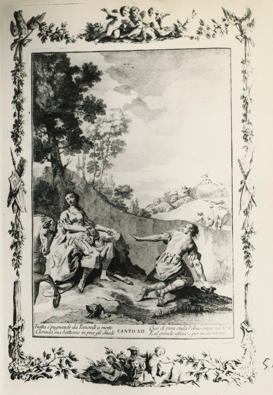 Jeruzalem Bevrijd, canto XII, illustratie door Giovanni Battista Piazzetta (1683-1754) voor gedicht van Torquato Tasso (1544-1595), editie gepubliceerd in Venetië in 1745, Italië door Giovanni Battista Piazzetta