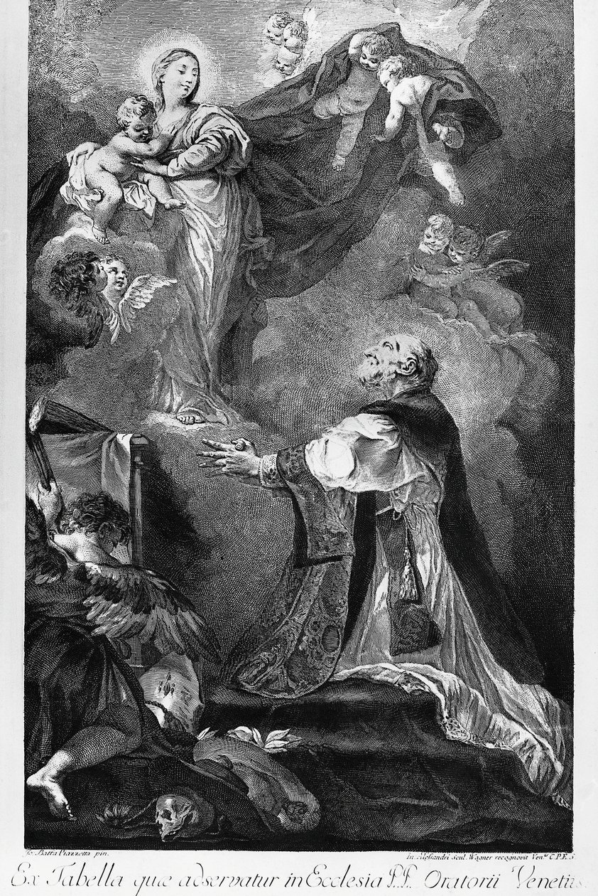 Maagd Verschijnt aan Sint Filippus Neri, door Giovanni Battista Piazzetta (1682-1754), gravure door Innocente Alessandri, Italië door Giovanni Battista Piazzetta
