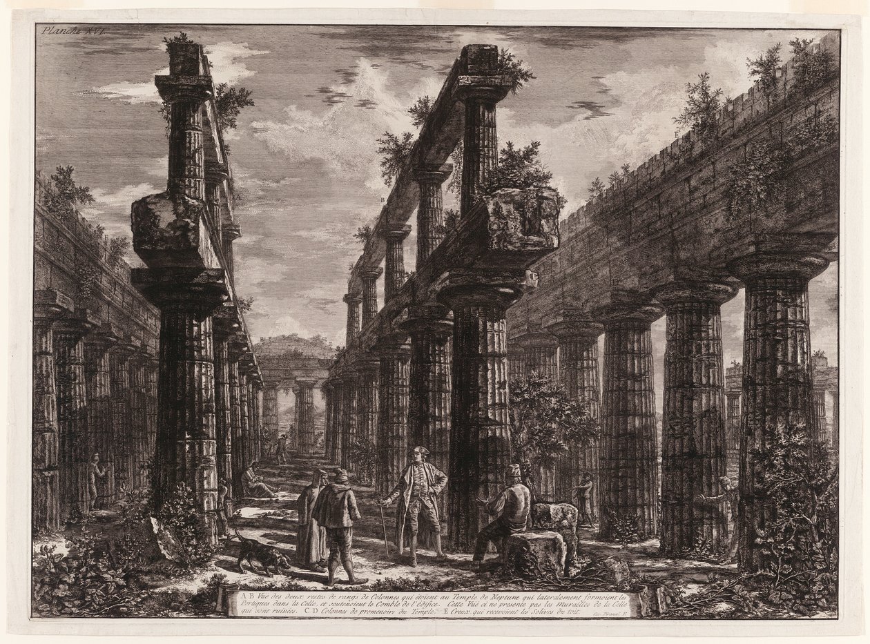 A., B. Uitzicht op de overblijfselen van de twee rijen kolommen in de Tempel van Neptunus die oorspronkelijk de colonnades langs de zijkanten van de cella vormden en het bovenste deel van het dak ondersteunden, uit Verschillende uitzichten van Paestum door Giovanni Battista Piranesi