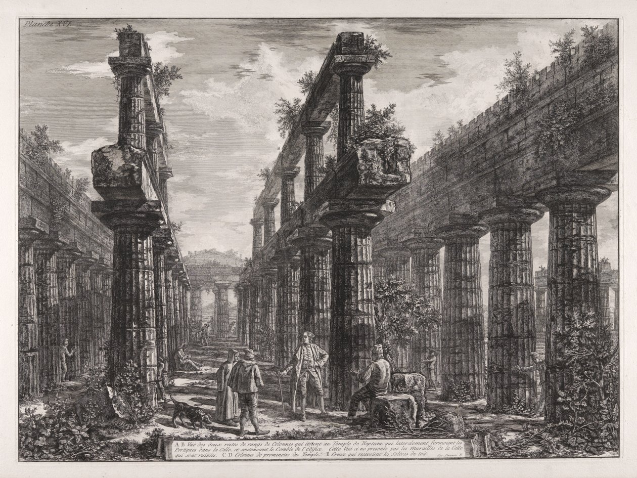 A., B. Gezicht op de resten van de twee rijen zuilen in de Tempel van Neptunus, die aan de zijkanten de portieken in de cella vormden en het dak van het gebouw droegen ... door Giovanni Battista Piranesi