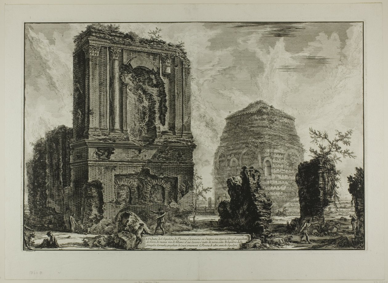 A. Zicht op het Graf van Licinianus Piso op de oude Via Appia... B. Graf van de Cornelii..., uit Zichten van Rome door Giovanni Battista Piranesi