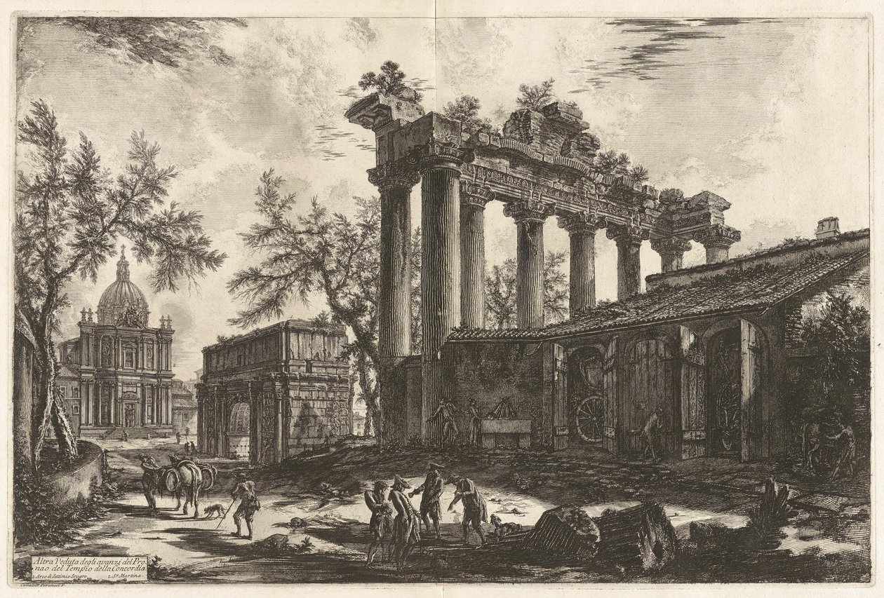 Altra Veduta degli avanzi del Pronao del Tempio del Concordia (Een Ander Zicht op de Overblijfselen van de Pronaos van de Tempel van Concord [de Tempel van Saturnus met de Boog van Septimius Severus op de achtergrond links]), uit Vedute di Roma (Zichten op door Giovanni Battista Piranesi