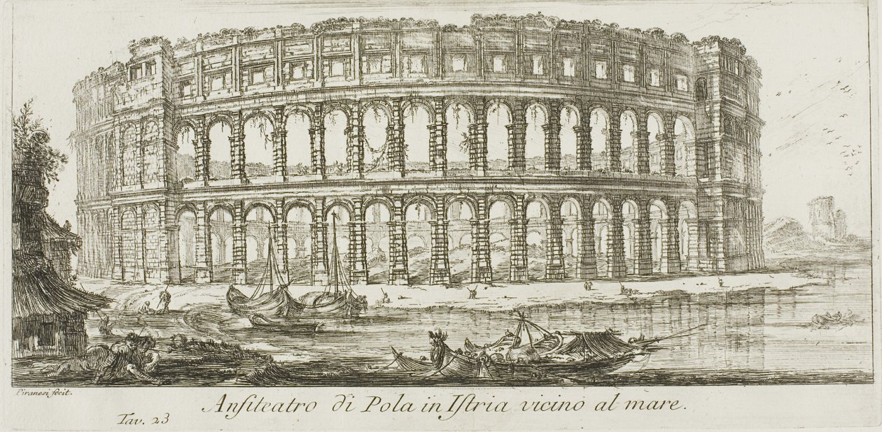 Amfitheater van Pola in Istrië bij de zee, plaat 23 uit Enkele Zichten op Triomfbogen en andere monumenten door Giovanni Battista Piranesi