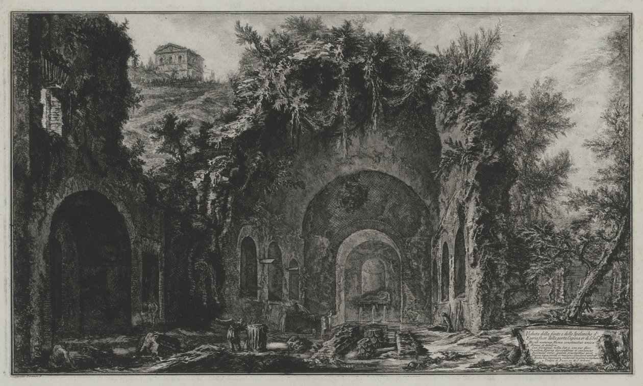 Gezicht op de bron en de grot van Egeria buiten de Porta Capena of van San Sebastiano, uit: Vedute di Roma door Giovanni Battista Piranesi
