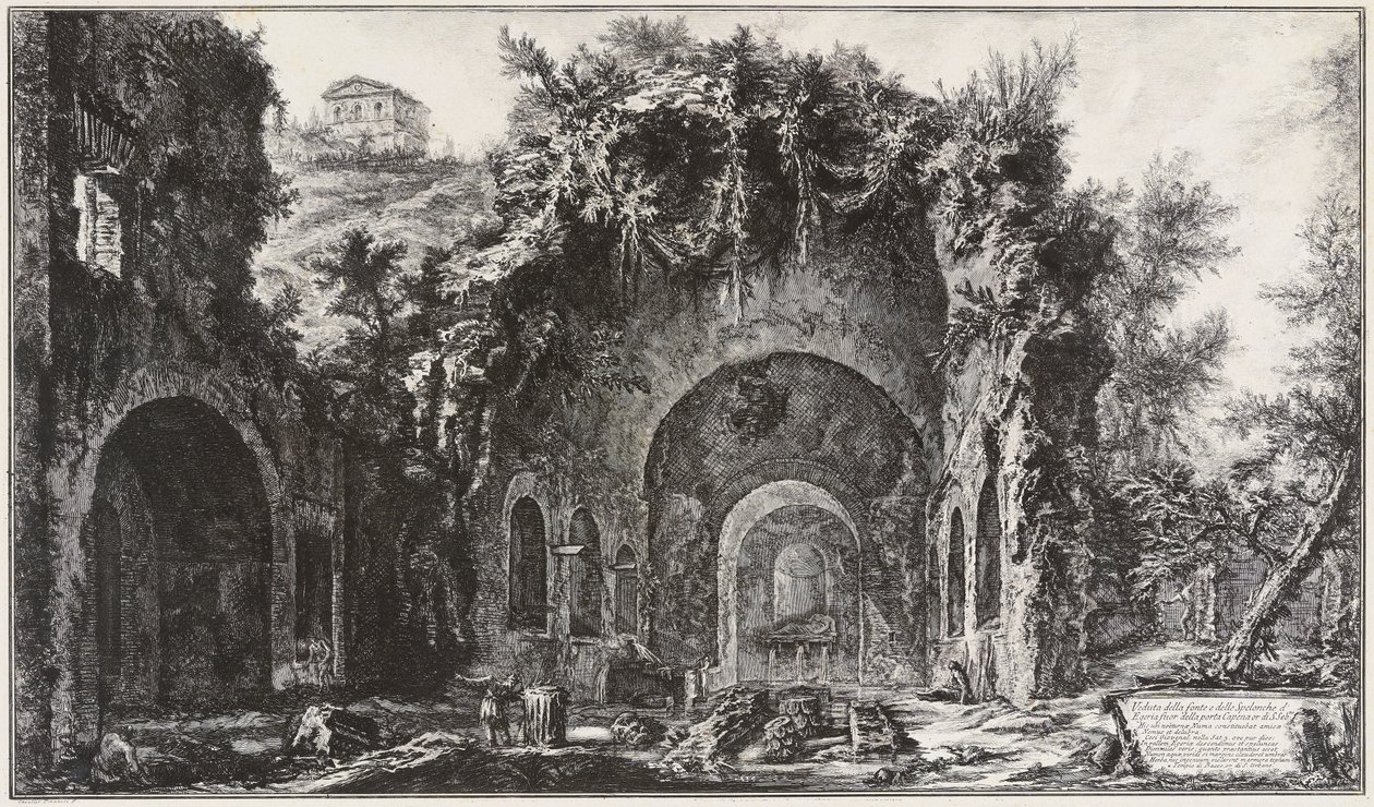 Gezicht op de bron en de grotten van Egeria vóór de Porta Capena, tegenwoordig Porta di San Sebastiano door Giovanni Battista Piranesi