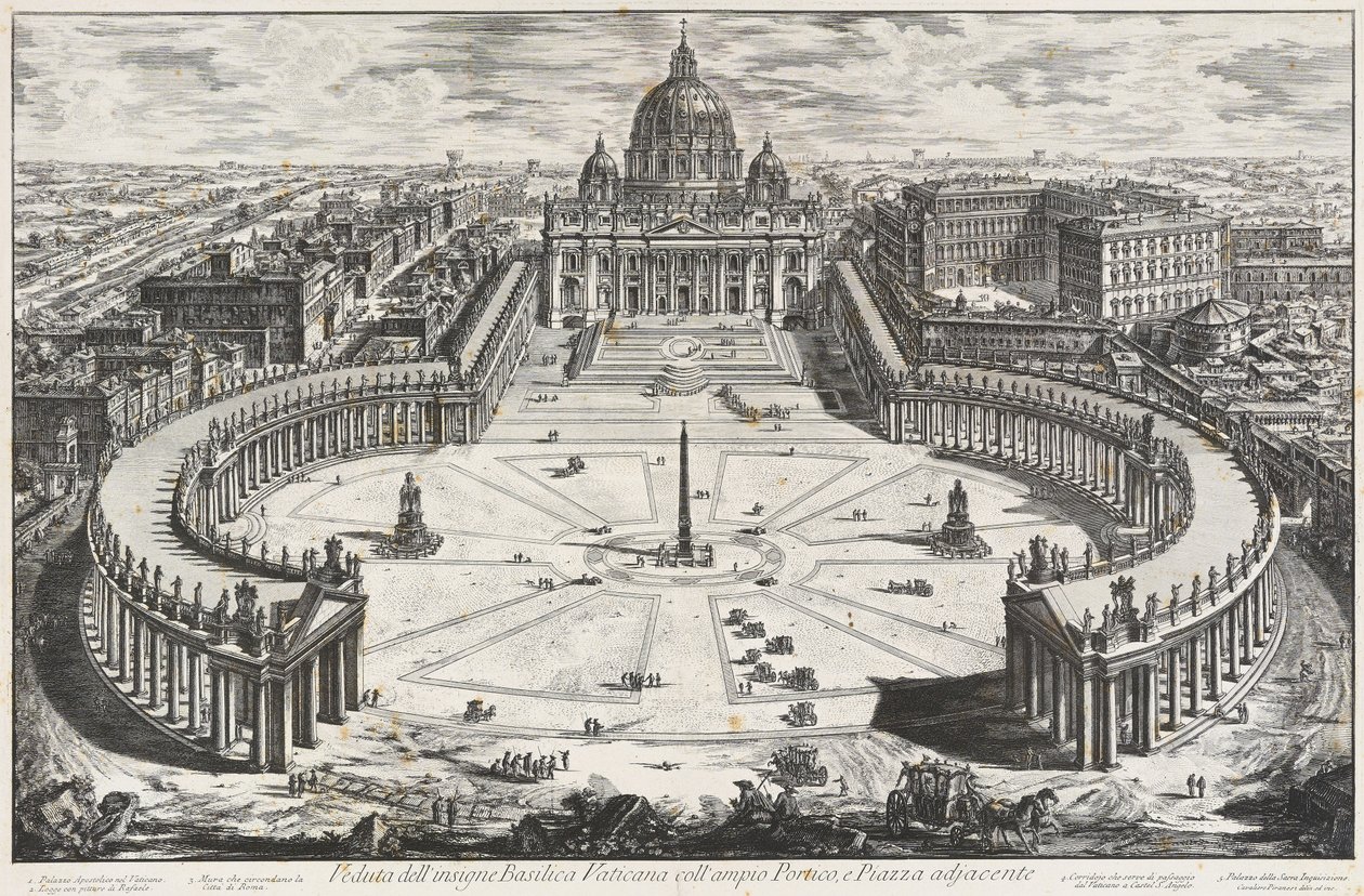 Gezicht op de illustere Vaticaanse basiliek met brede porticus en aangrenzend voorplein door Giovanni Battista Piranesi