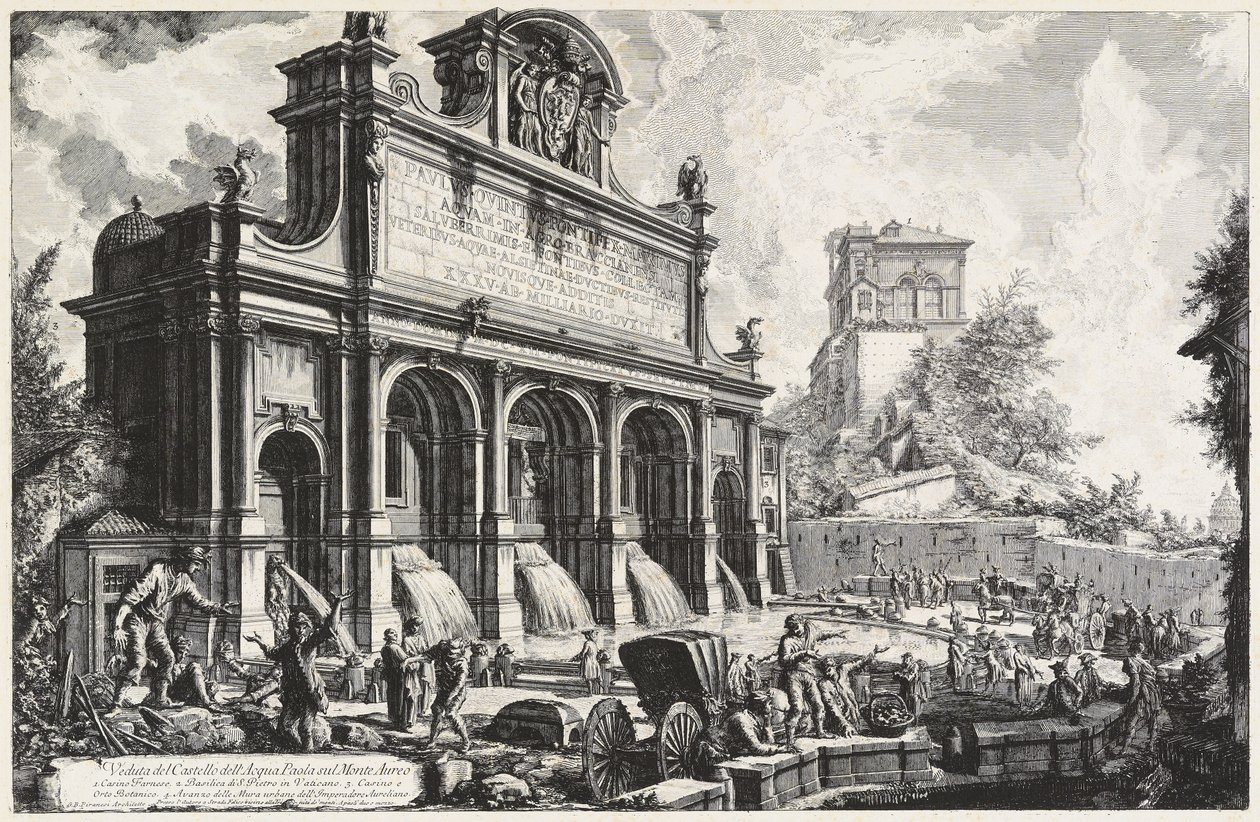 Gezicht op het Castello dell’Acqua Paola op de Monte Aureo (Gianicolo) door Giovanni Battista Piranesi