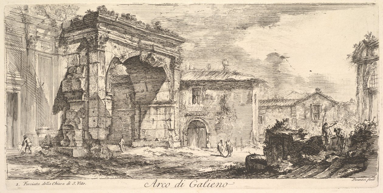 Boog van Galienus. 1. Gevel van de kerk van S. Vito Arco di Galieno. 1. Facciata del..., ca. 1748 door Giovanni Battista Piranesi