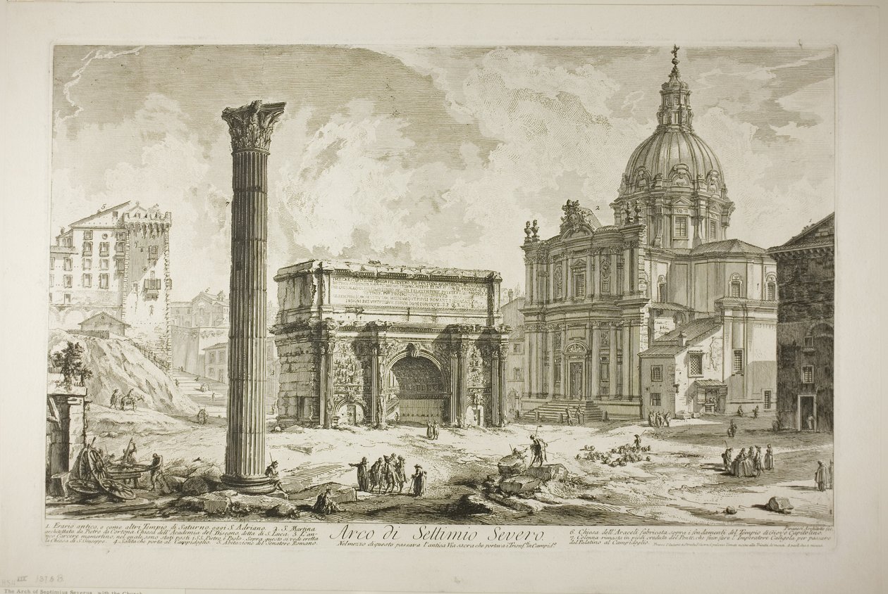 Boog van Septimius Severus waardoor de oude Heilige Weg liep, die overwinnaars naar het Capitool bracht, uit Zichten op Rome door Giovanni Battista Piranesi