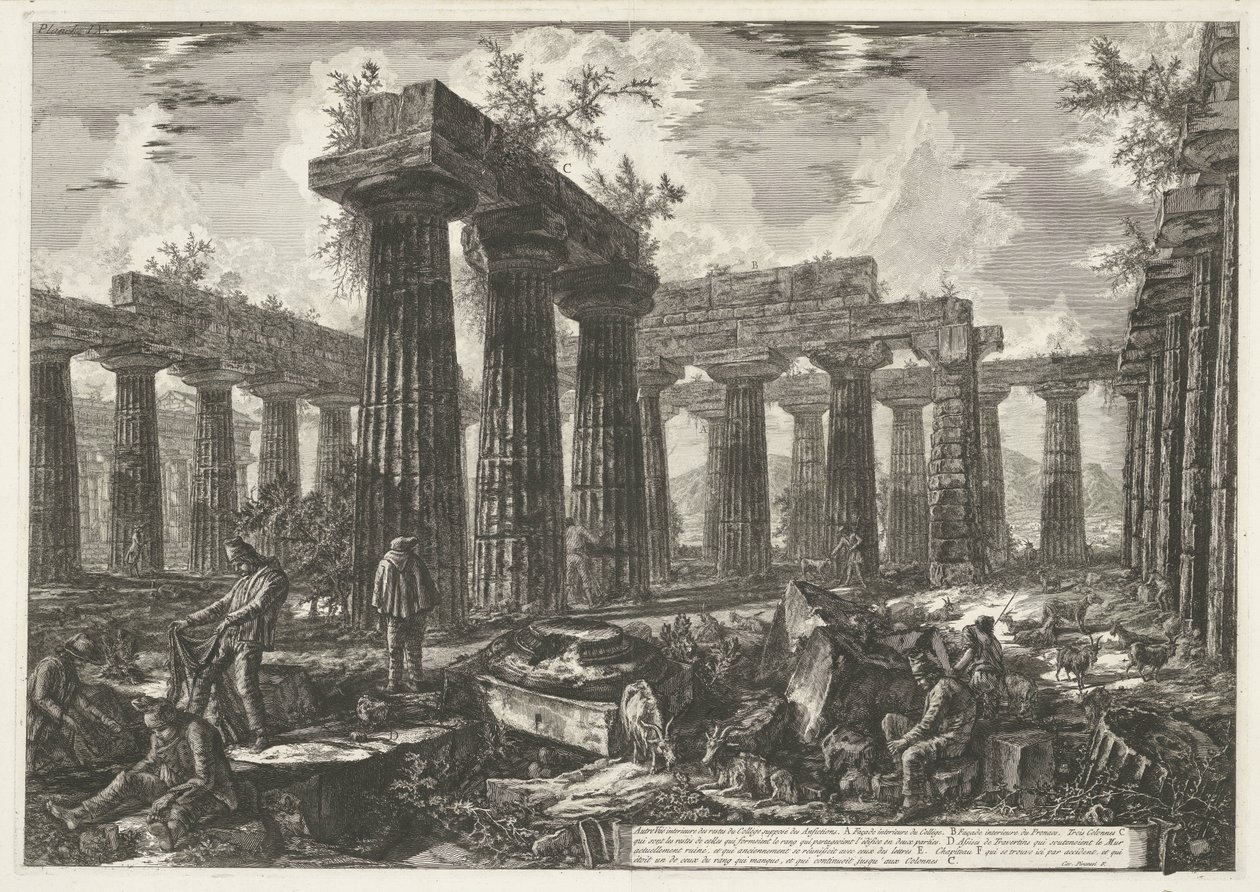 Basilica di Paestum te Paestum (Verschillende weergaven van de resten van drie grote gebouwen die nog steeds staan te Paestum) door Giovanni Battista Piranesi