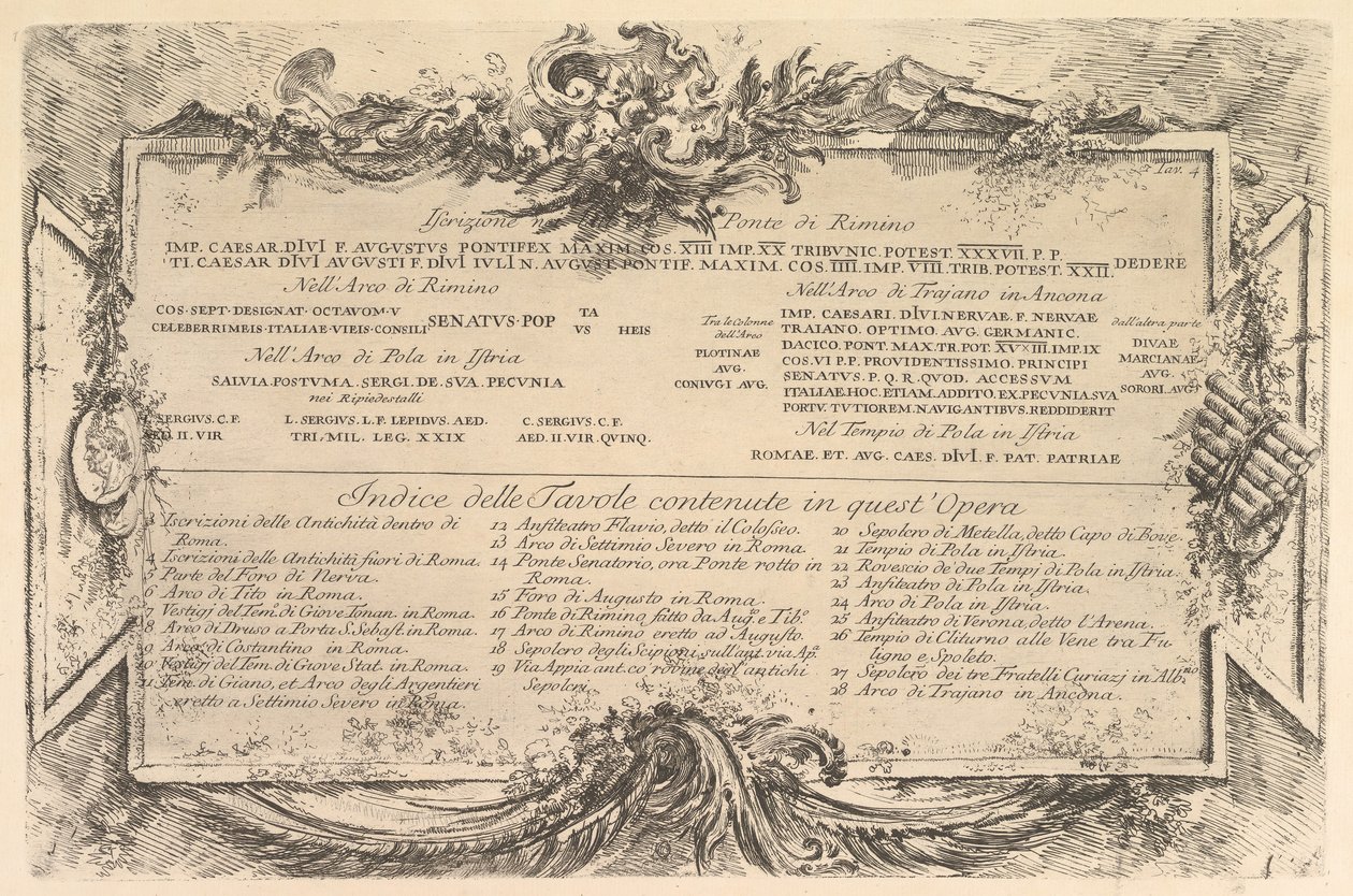 Begin Iscrizione nei lati del Ponte di Rimino Inscription on the side of the R..., ca. 1748 door Giovanni Battista Piranesi