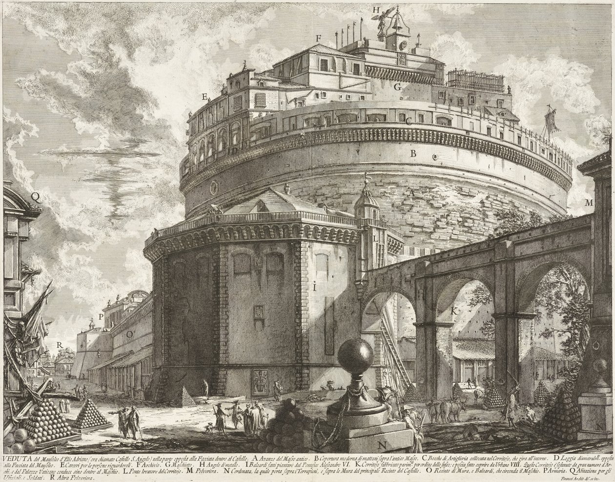 Gezicht op het mausoleum van Aelius Hadrianus (Engelenburcht) door Giovanni Battista Piranesi