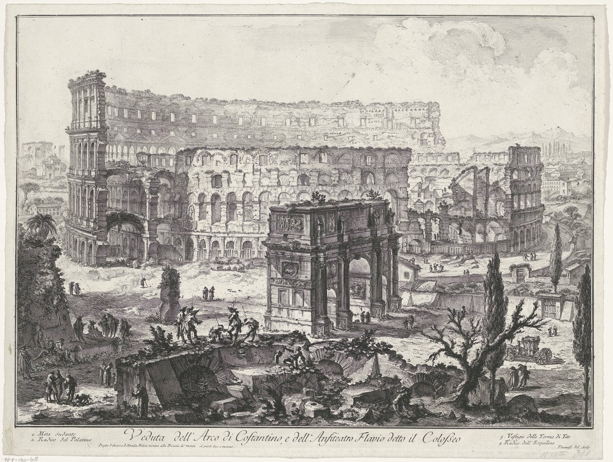 Boog van Constantijn en het Colosseum te Rome door Giovanni Battista Piranesi