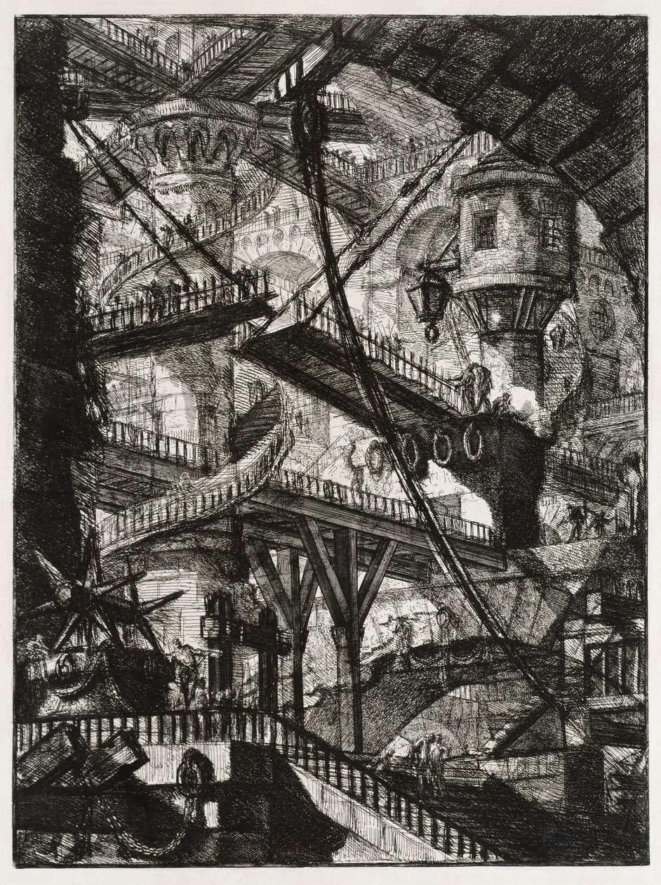 Denkbeeldige gevangenissen: trappen en ophaalbrug door Giovanni Battista Piranesi