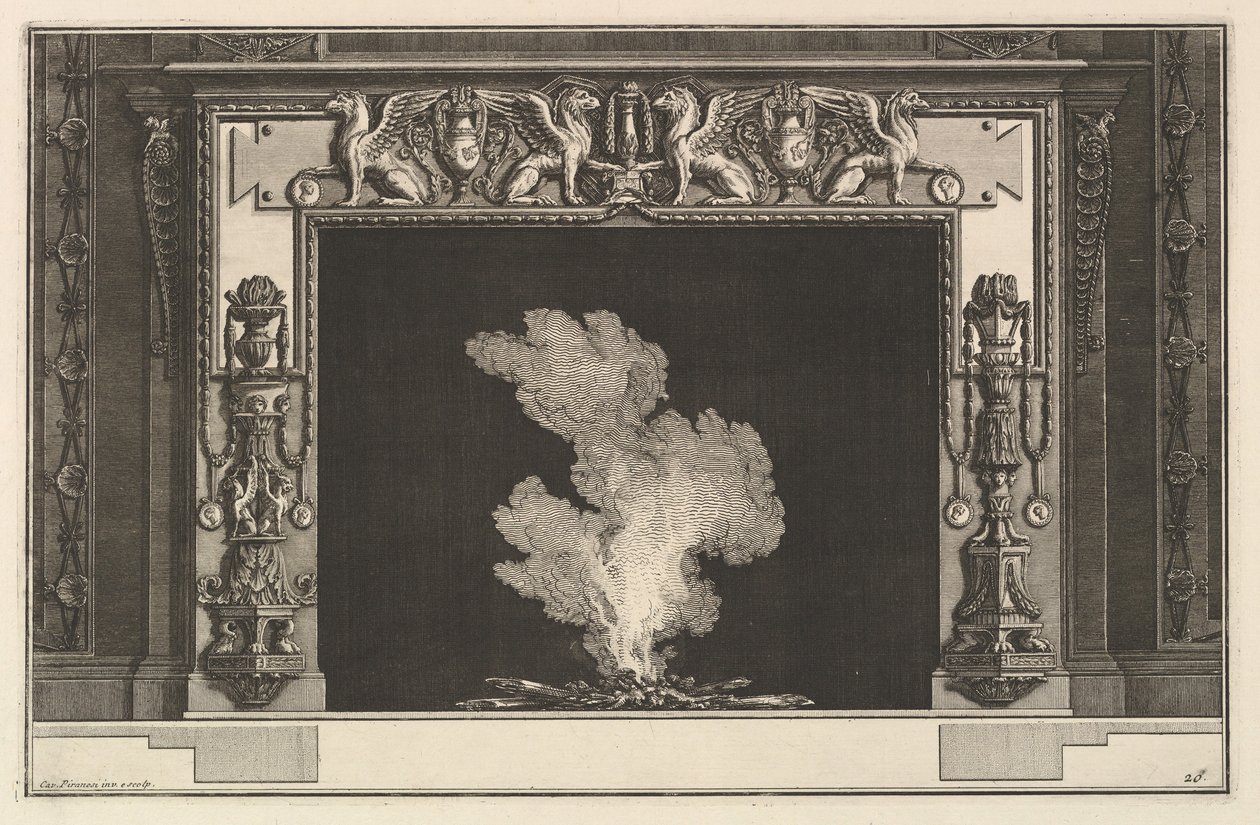 Schouwstuk: Beledigde griffioenen op de latei en kandelabers op de stijlen door Giovanni Battista Piranesi