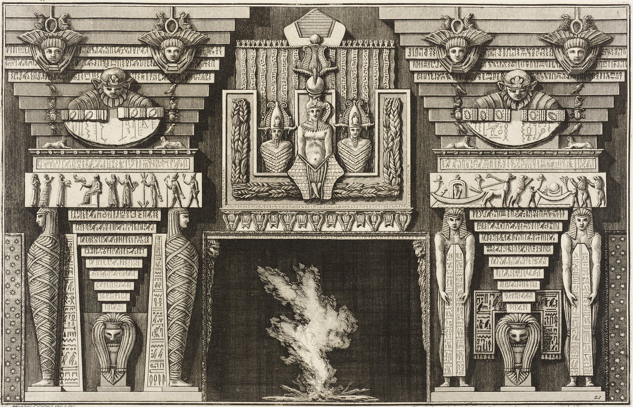 Schoorsteenmantel in Egyptische stijl: twee mummies in profiel links en twee figuren die rechts obelisken dragen. door Giovanni Battista Piranesi
