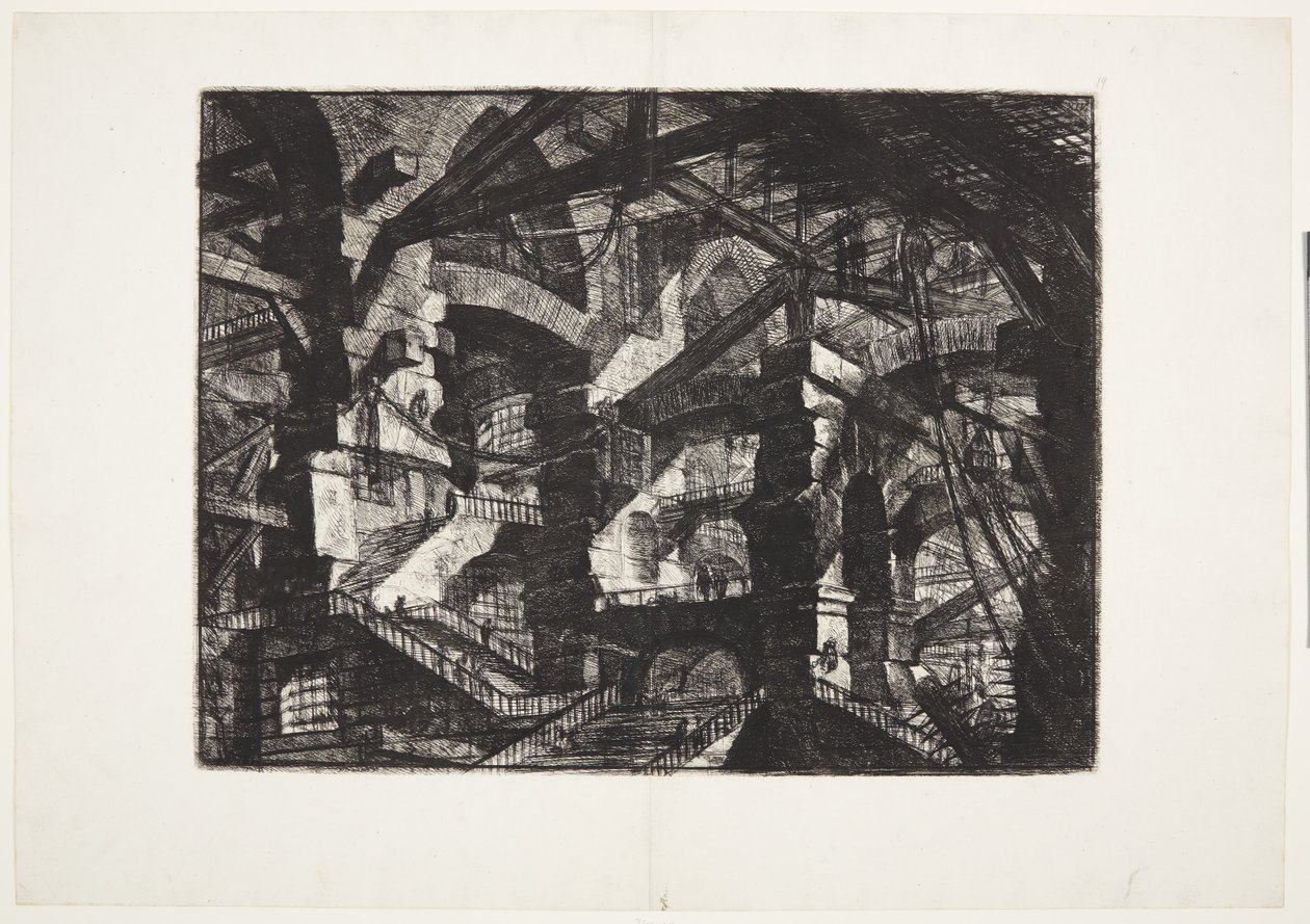 Complexe groepen van onderling verbonden ruïnes met bogen die balken en touwen ondersteunen door Giovanni Battista Piranesi