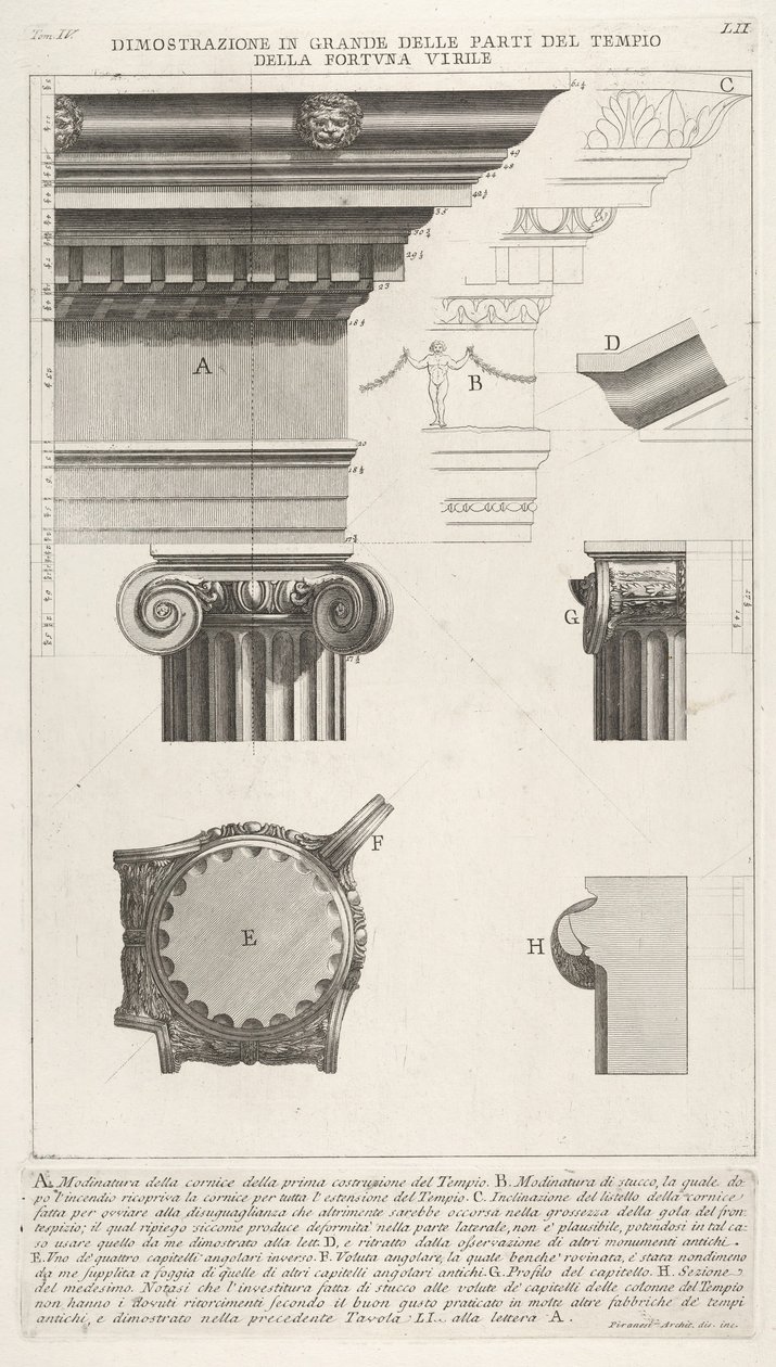 Kroonlijst en kolom van de Tempel van Fortuna Virilis Tempio della Fortuna Virile, uit ..., 1756 door Giovanni Battista Piranesi