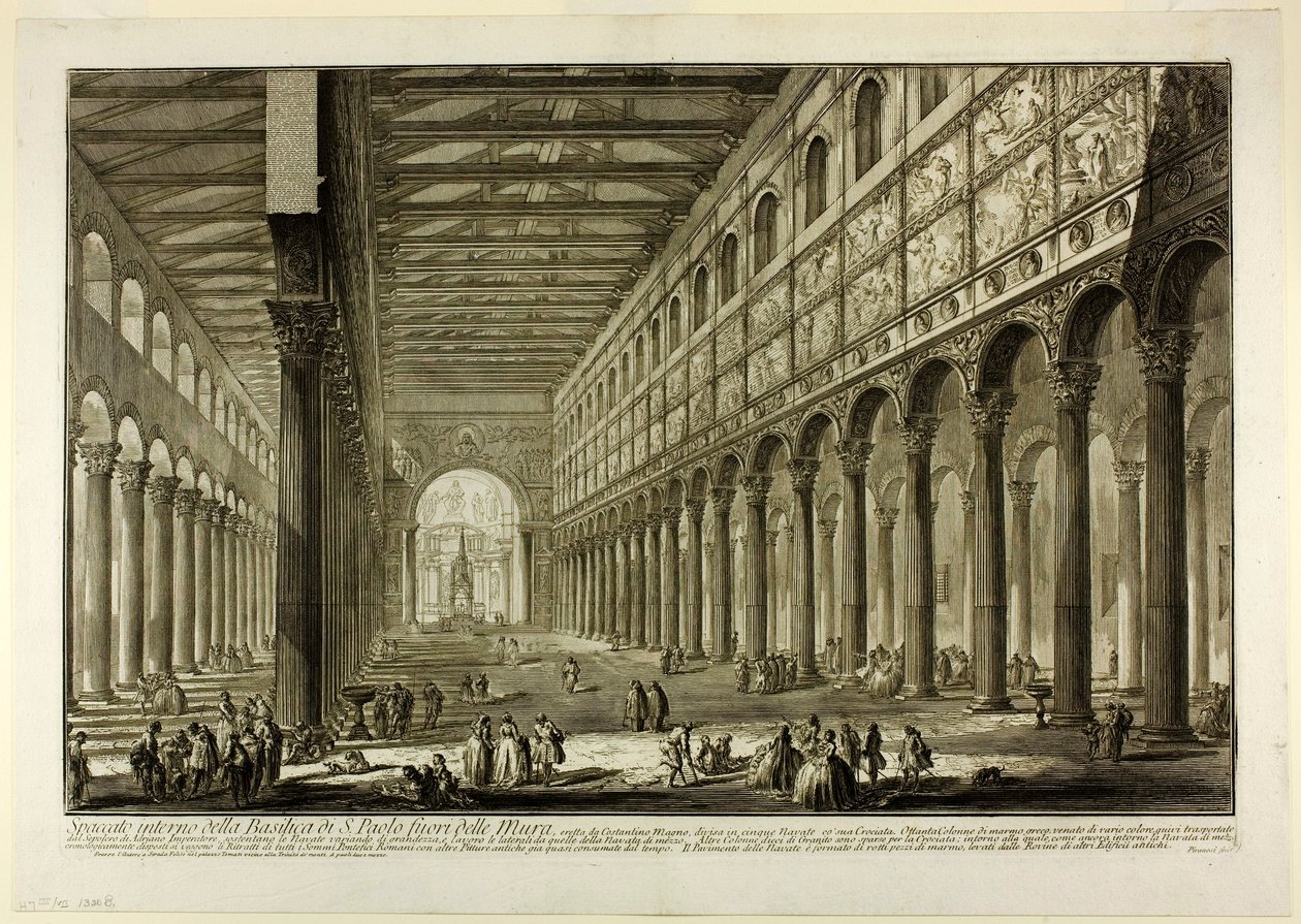 Doorsnede van het interieur van de Basiliek van S. Paolo fuori delle Mura [St. Paul buiten de Muren], uit Zichten van Rome door Giovanni Battista Piranesi