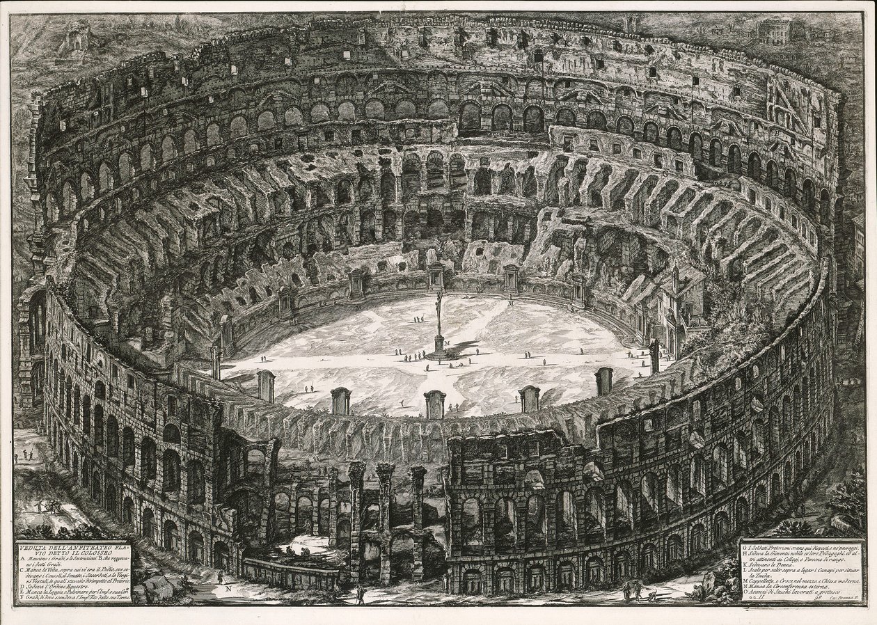 Het Colosseum in vogelvlucht (uit: Vedute di Roma) door Giovanni Battista Piranesi